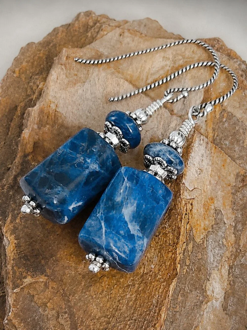 Blue Sodalite Boho Earrings, 925 Sterling Silver Hooks, Artisan Crafted Gemstone_5